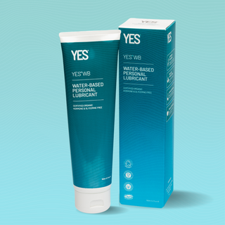 Yes Labs WB water based lubricant 150ml. Tube and carton on a blue background.